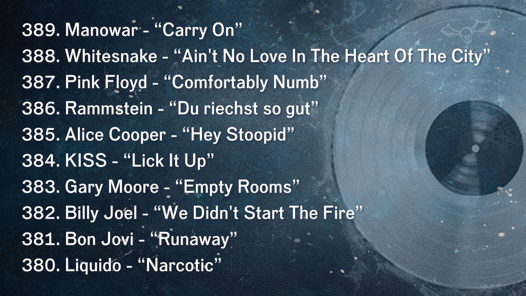 389. Manowar - “Carry On” 388. Whitesnake - “Ain't No Love In The Heart Of The City” 387. Pink Floyd - “Comfortably Numb” 386. Rammstein - “Du riechst so gut” 385. Alice Cooper - “Hey Stoopid” 384. KISS - “Lick It Up” 383. Gary Moore - “Empty Rooms” 382. Billy Joel - “We Didn't Start The Fire” 381. Bon Jovi - “Runaway” 380. Liquido - “Narcotic”