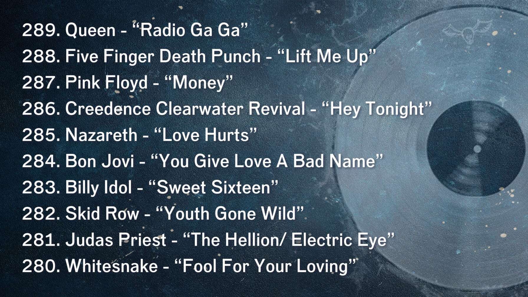 289. Queen - “Radio Ga Ga” 288. Five Finger Death Punch - “Lift Me Up” 287. Pink Floyd - “Money” 286. Creedence Clearwater Revival - “Hey Tonight” 285. Nazareth - “Love Hurts” 284. Bon Jovi - “You Give Love A Bad Name” 283. Billy Idol - “Sweet Sixteen” 282. Skid Row - “Youth Gone Wild” 281. Judas Priest - “The Hellion/ Electric Eye” 280. Whitesnake - “Fool For Your Loving”