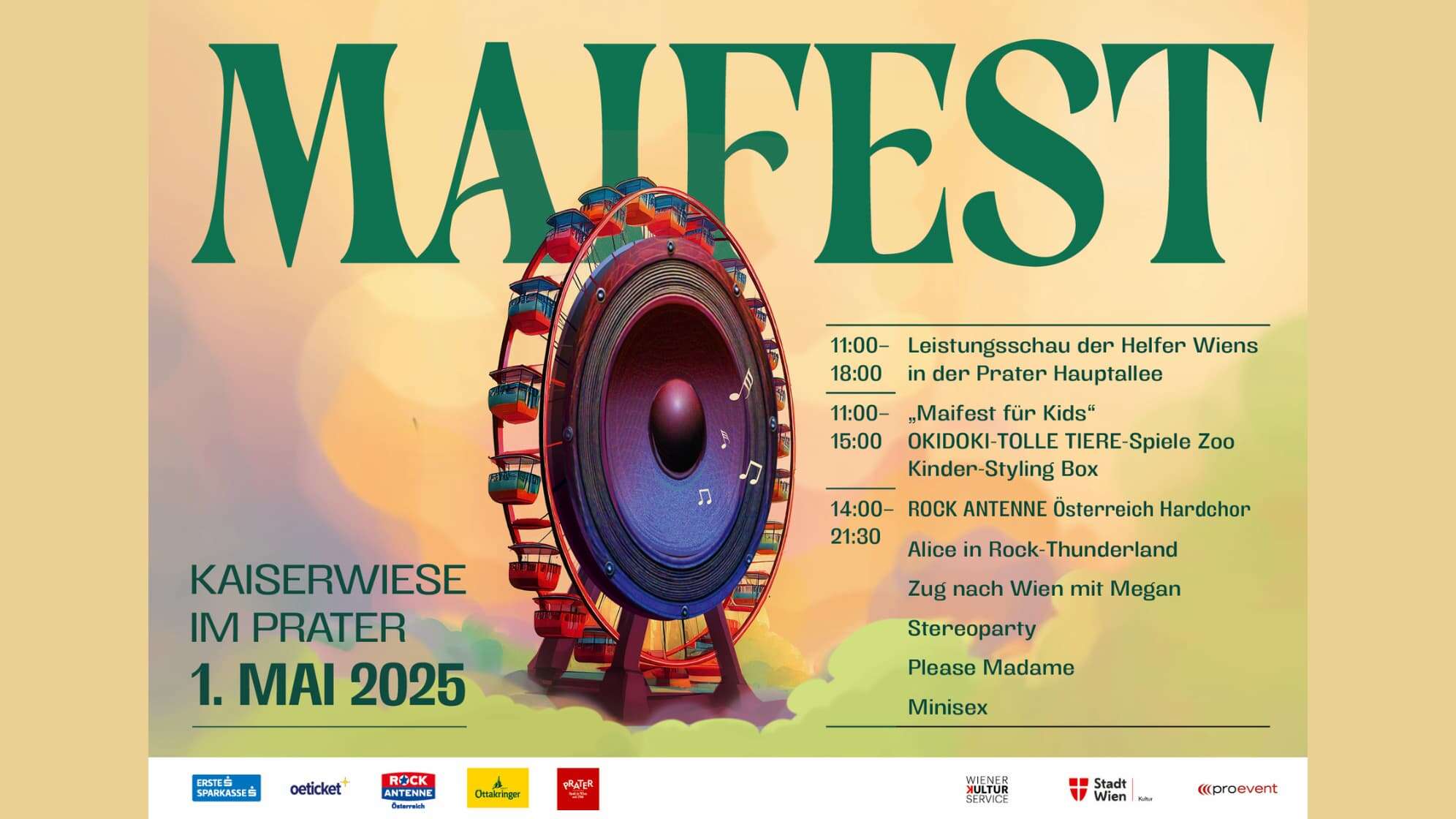 Plakat zum Maifest 2025 mit allen Acts der ROCK ANTENNE Österreich Bühne