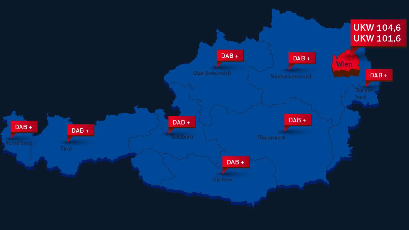 Landkarte von Österreich die zeigt, wo ROCK ANTENNE Österreich empfangbar ist