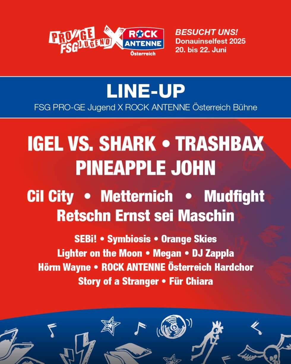 Das Plakat zur FSG PRO-GE Jugend x ROCK ANTENNE Österreich Bühne am Wiener Donauinselfest 2025 mit allen Bands