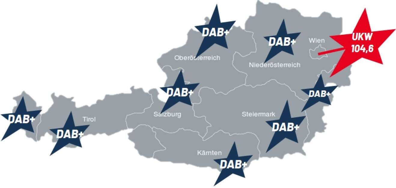 Österreich-Karte mit DAB+ und UKW-Frequenz
