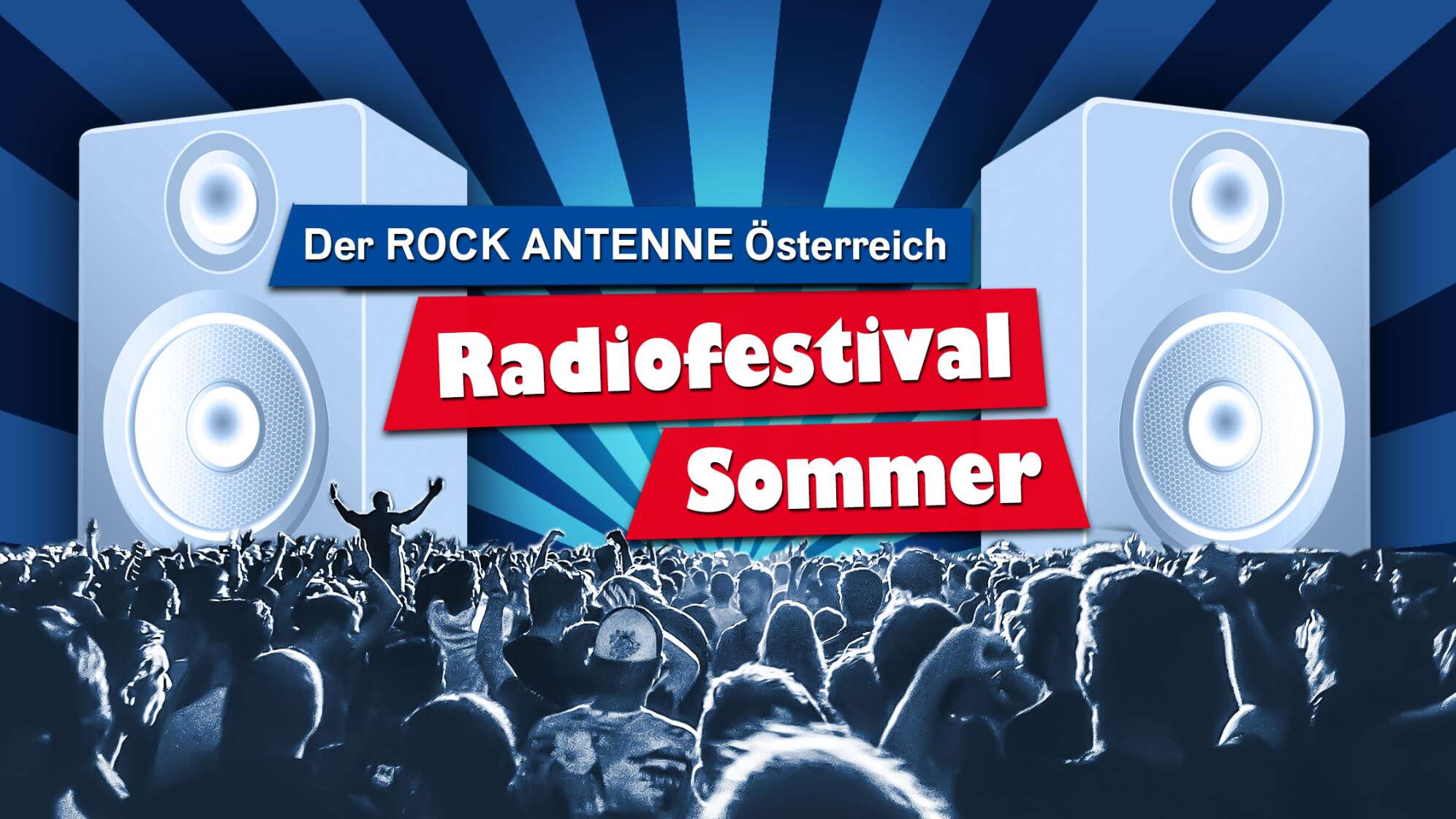 Die Aktionsgrafik des "ROCK ANTENNE Österreich Radiofestival Sommer" - eine animierte Grafik mit Konzertbesuchern, großen Lautsprechern und Strahlen im Hintergrund