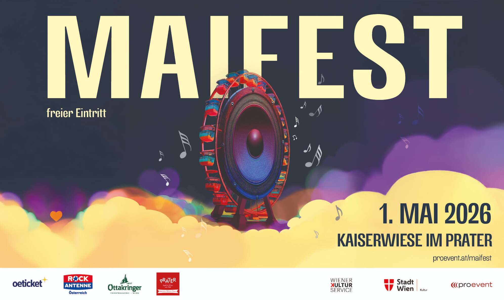 das Plakat zum Maifest 2026 auf der Kaiserwiese im Wiener Prater