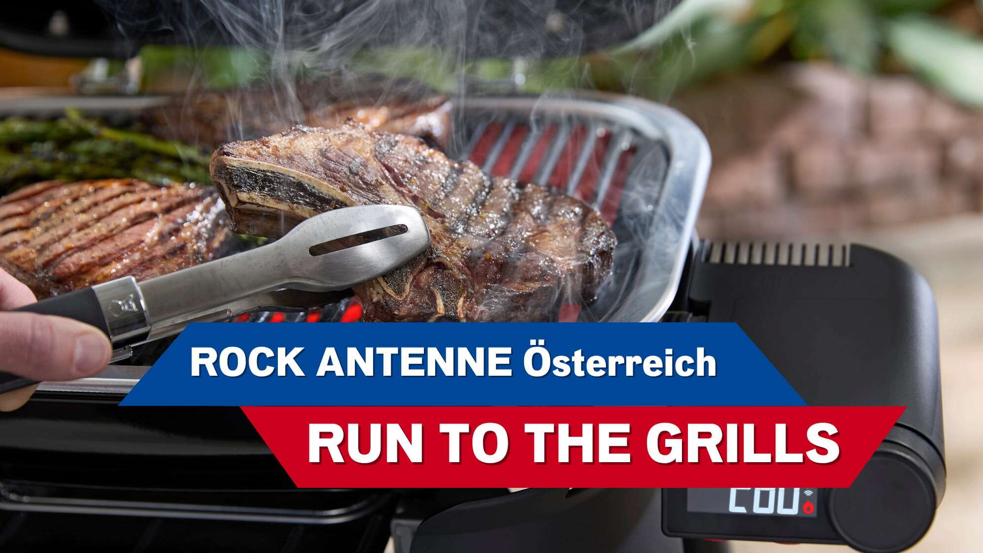 drei Fleischstücke auf einem kleinen Elektrogrill mit Temperaturanzeige