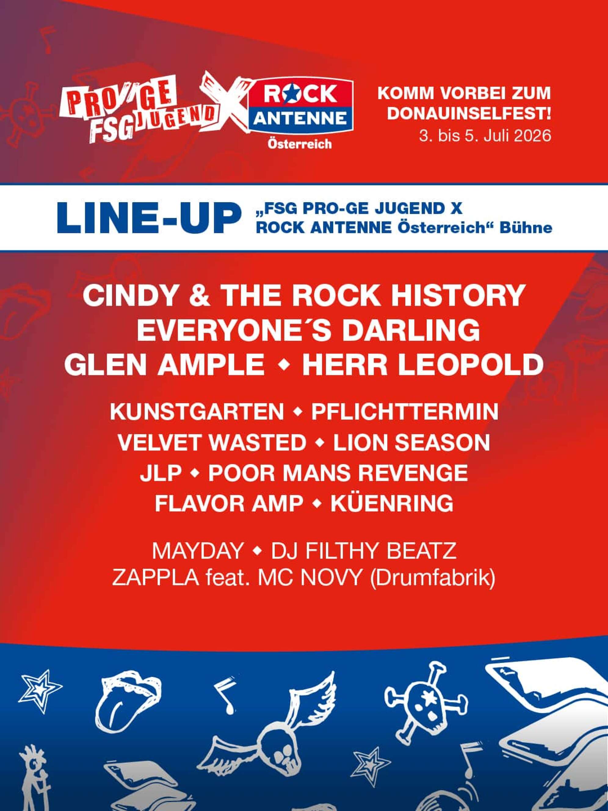 Lineup der FSG PRO-GE Jugend und ROCK ANTENNE Österreich Bühne am Wiener Donauinselfest 2026