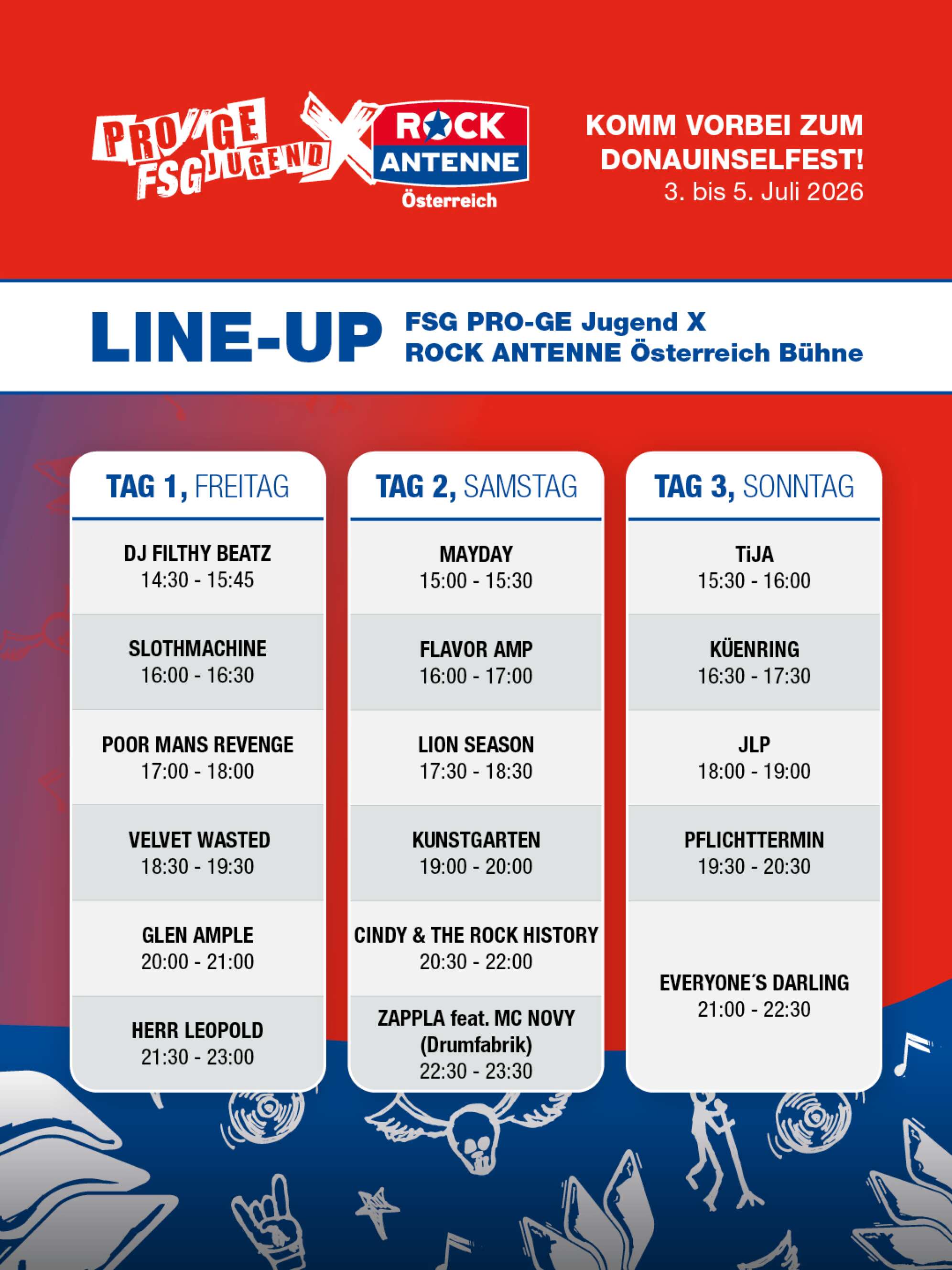 der Timetable für die FSG PRO-GE Jugend x RAÖ Bühne am Wiener Donauinselfest 2026