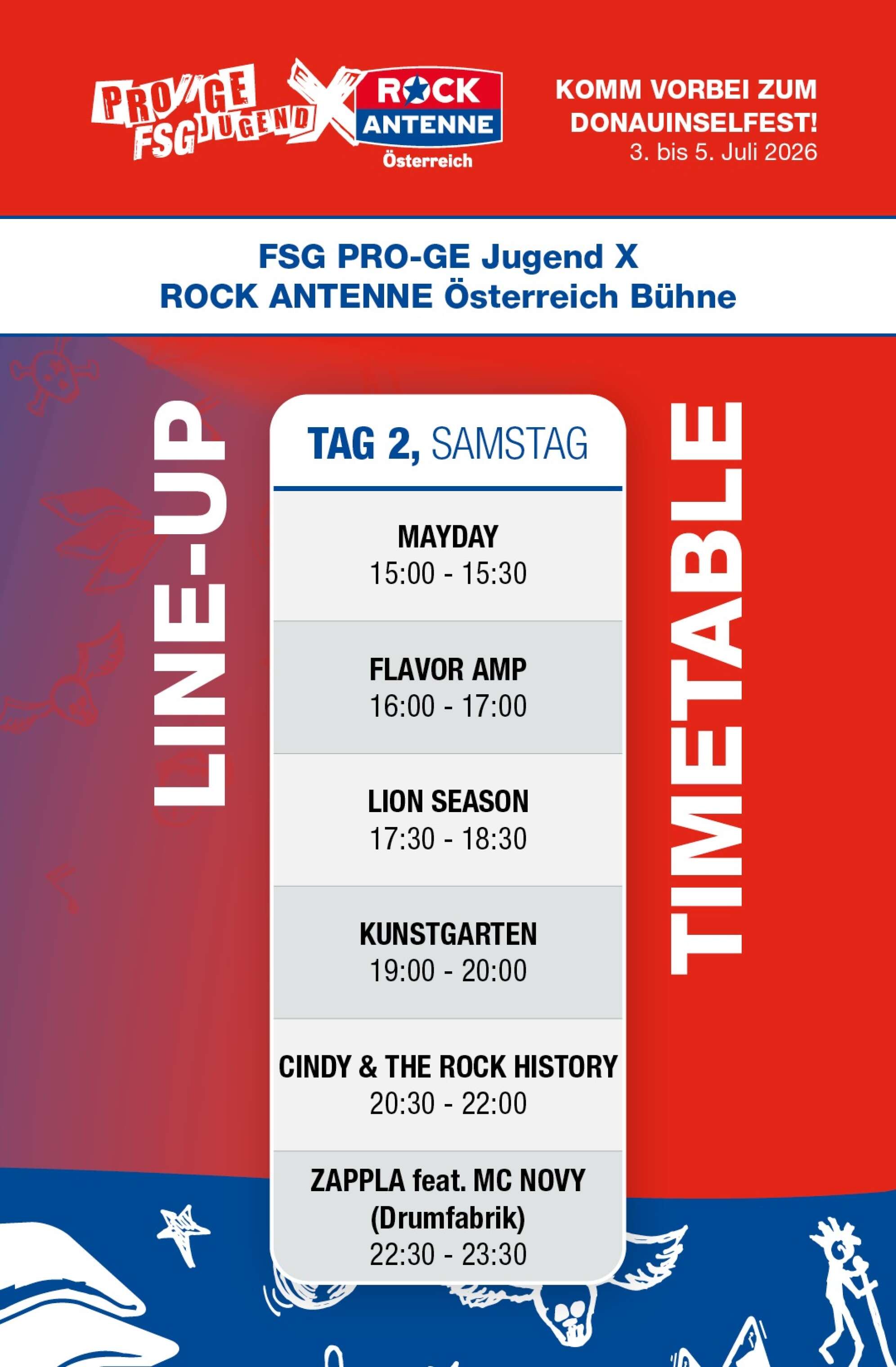 Lineup der FSG PRO-GE Jugend und ROCK ANTENNE Österreich Bühne am Wiener Donauinselfest 2026