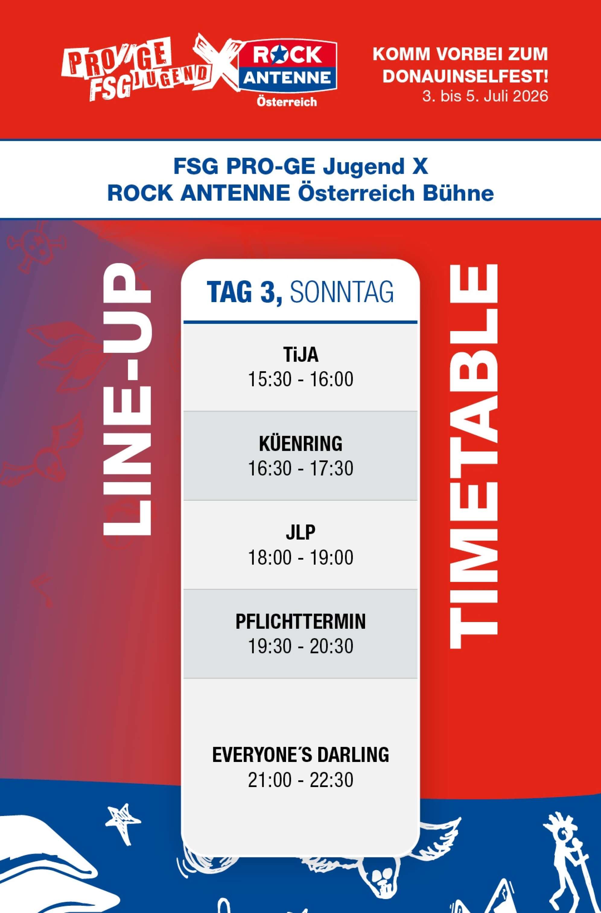Lineup der FSG PRO-GE Jugend und ROCK ANTENNE Österreich Bühne am Wiener Donauinselfest 2026