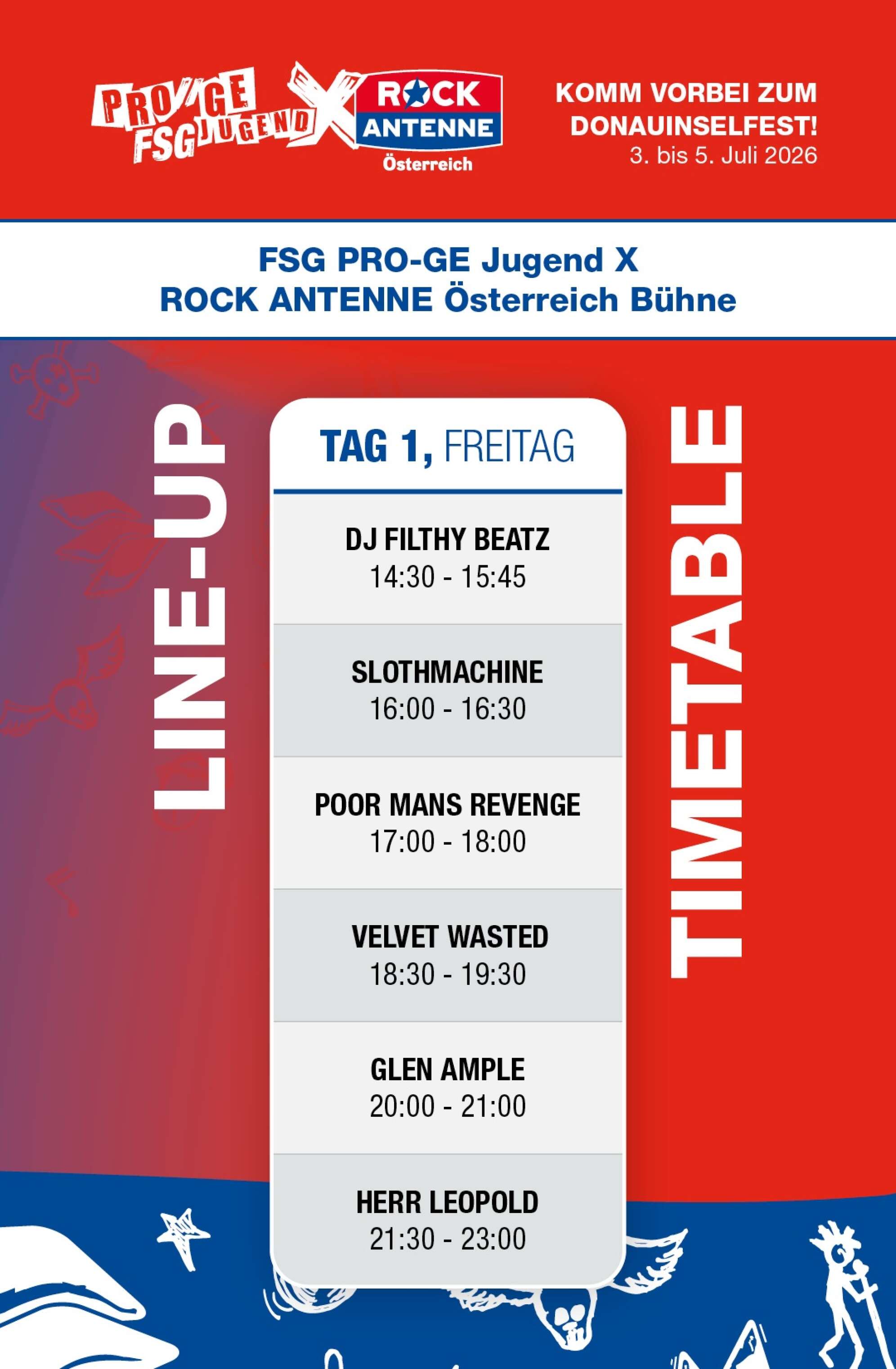 Lineup der FSG PRO-GE Jugend und ROCK ANTENNE Österreich Bühne am Wiener Donauinselfest 2026