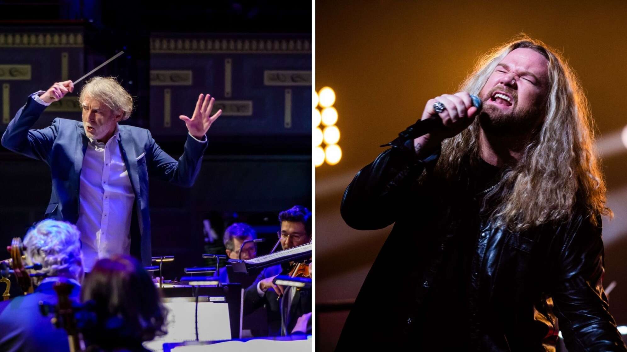 ein Dirigent steht vor einem Orchester, ein Mann mit langen Haaren und geschlossenen Augen singt in ein Mikro