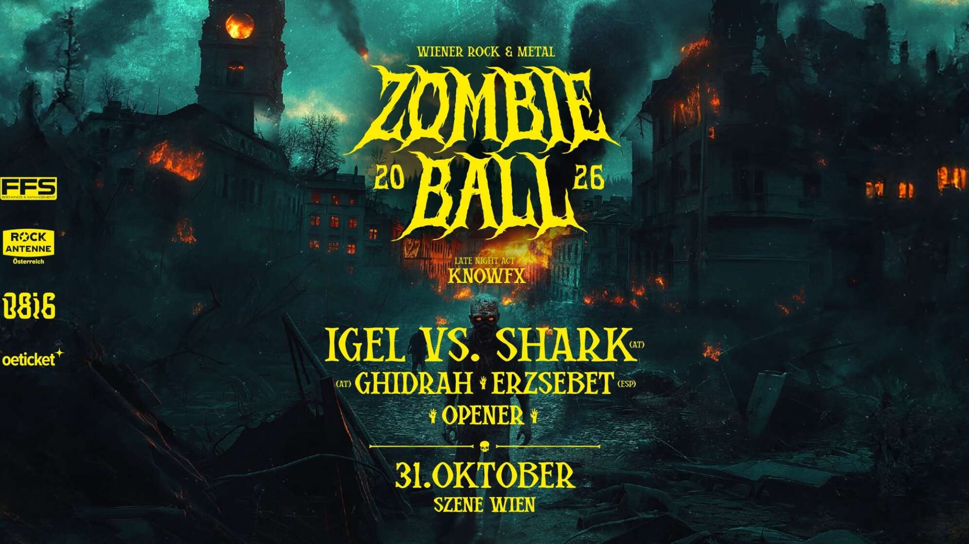 Wiener Rock & Metal Zombieball Late Night Act Knowfx Igel vs Shark Ghidrah Erszebet Opener 31. Oktober Szene Wien