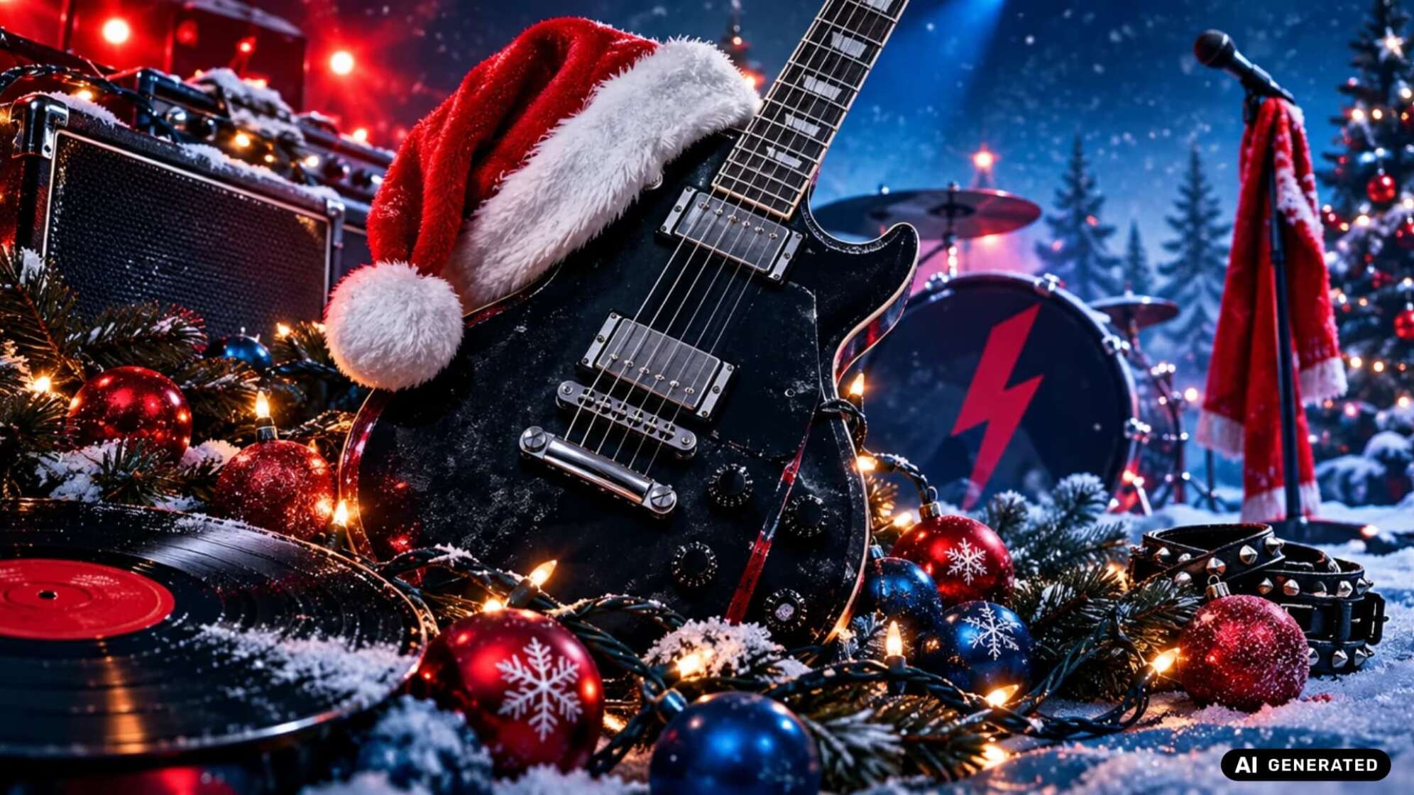Schwarze E-Gitarre mit Weihnachtsmütze, umgeben von Schallplatte, roten und blauen Christbaumkugeln, Lichterketten und Tannenzweigen im Schnee. Im Hintergrund sind eine Bühne mit Schlagzeug, ein Mikrofonständer mit rotem Schal und ein Weihnachtsbaum zu sehen. Symbolbild, KI-generiert.