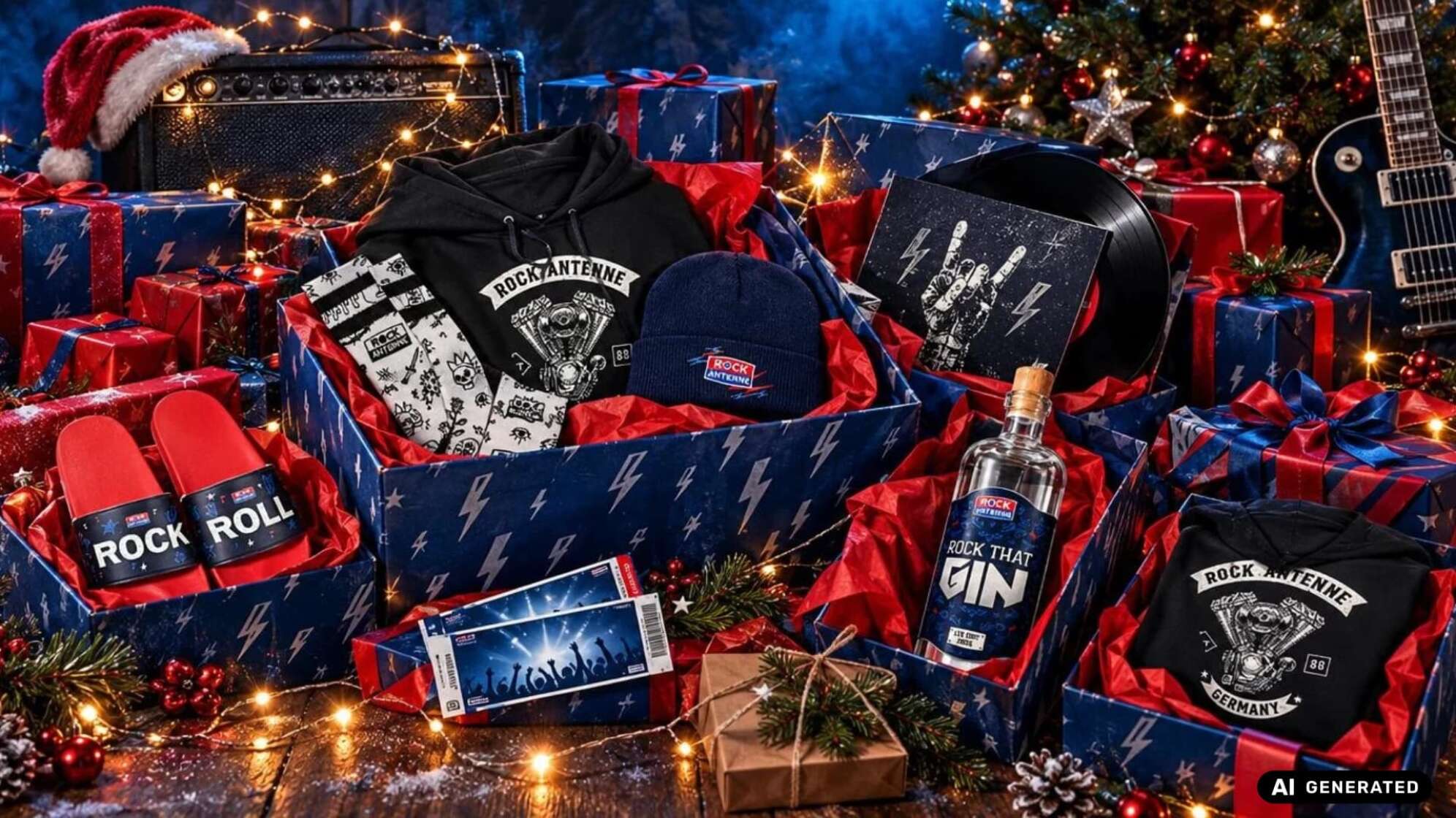 Geschenkboxen mit  Fanartikeln: Hoodie, Socken, Mütze, rote Badeschlappen mit „Rock“ und „Roll“, Schallplatte, Konzerttickets und eine Flasche „Rock That Gin“. Dazu Weihnachtsbaum, E-Gitarre und Lichterketten. Symbolbild, KI-generiert.