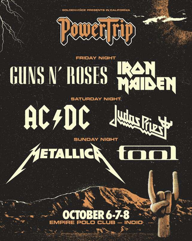 Plakat des kalifornischen Power Trip Festivals mit den Band Logos von Guns N Roses, AC/DC, Metallica, Iron Maiden, Judas Priest und Tool
