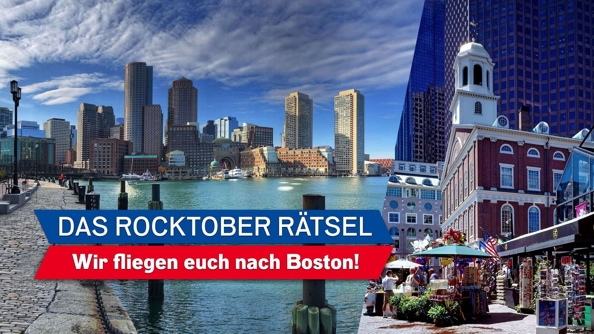 Bild von der Skyline Bostons, Text "Das ROCKTober Rätsel - wir fliegen euch nach Boston!"