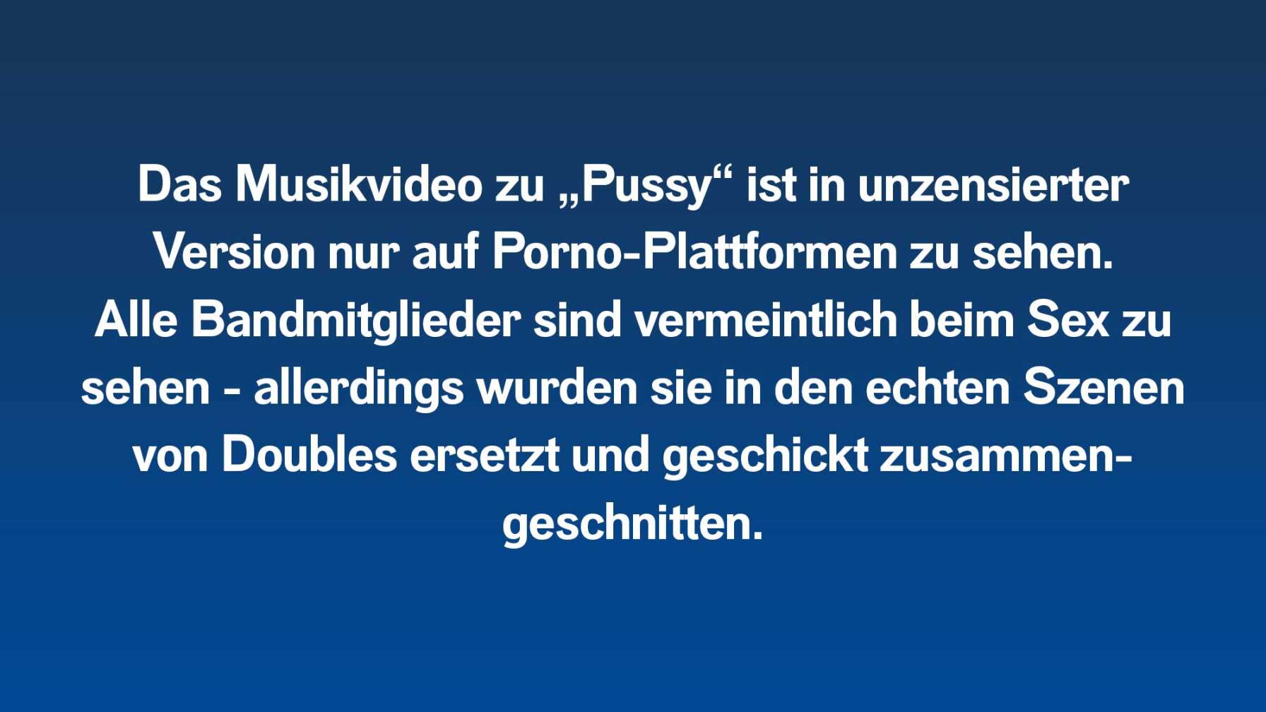 Das Musikvideo zu „Pussy“ ist in unzensierter Version nur auf Porno-Plattformen zu sehen. Alle Bandmitglieder sind vermeintlich beim Sex zu sehen - allerdings wurden sie in den echten Szenen von Doubles ersetzt und geschickt zusammengeschnitten.