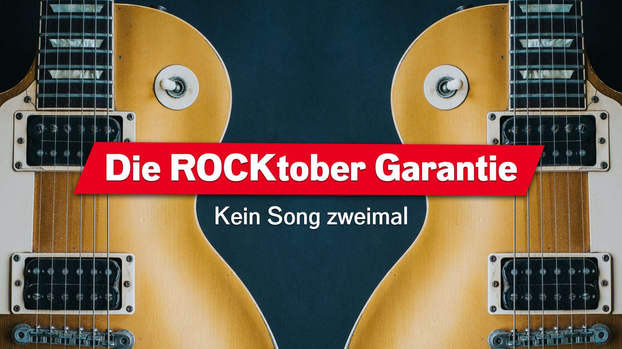 Bildausschnitt von einer Gitarre mit Spiegelbild, Text "Die Rocktober Garantie - kein Song zweimal"