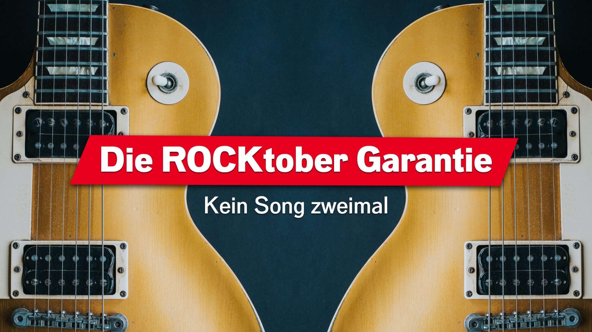 Bildausschnitt von einer Gitarre mit Spiegelbild, Text "Die Rocktober Garantie - kein Song zweimal"