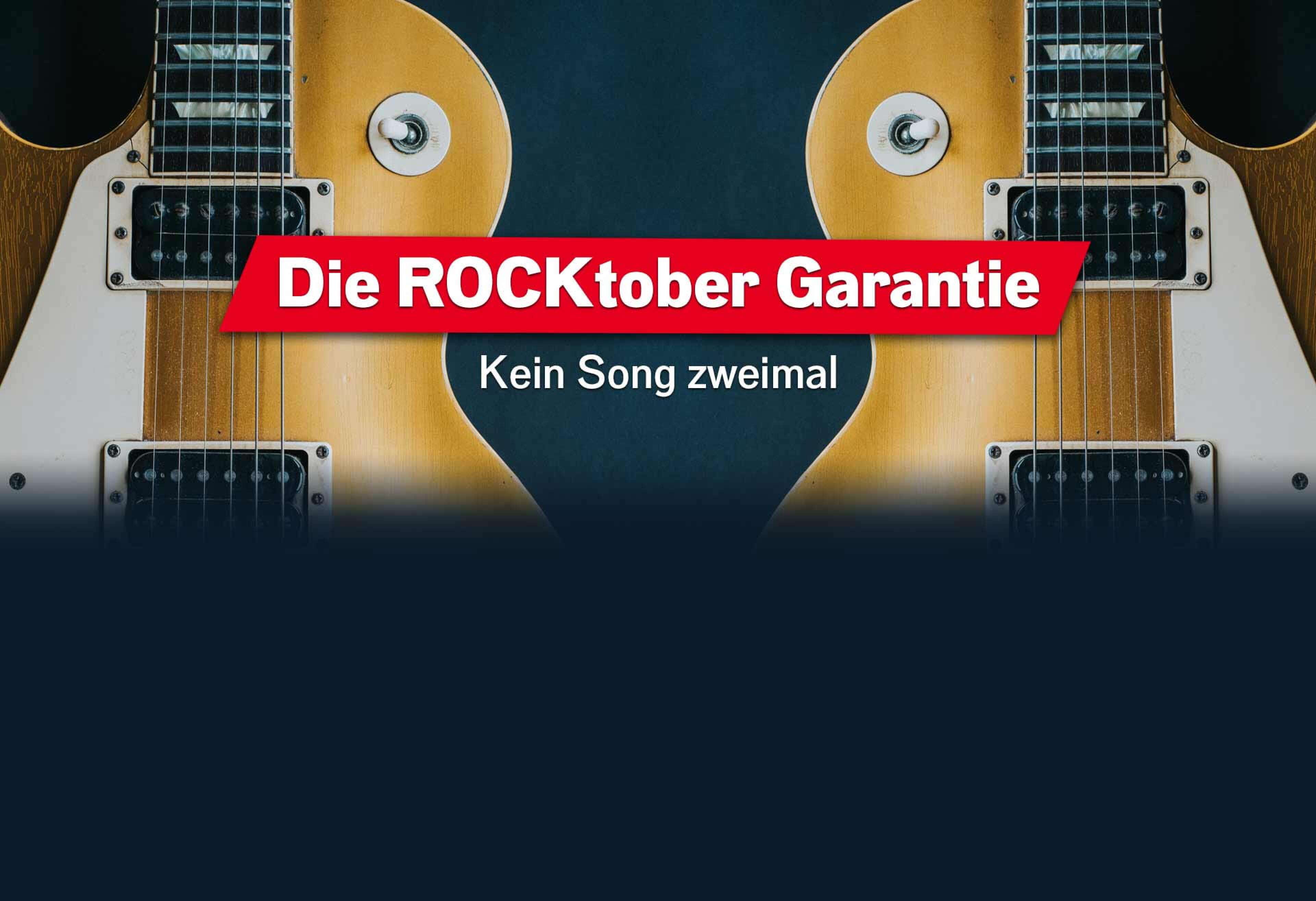 Bildausschnitt einer Gitarre mit Spiegelbild, Text "Die ROCKtober Garantie - kein Song zweimal"