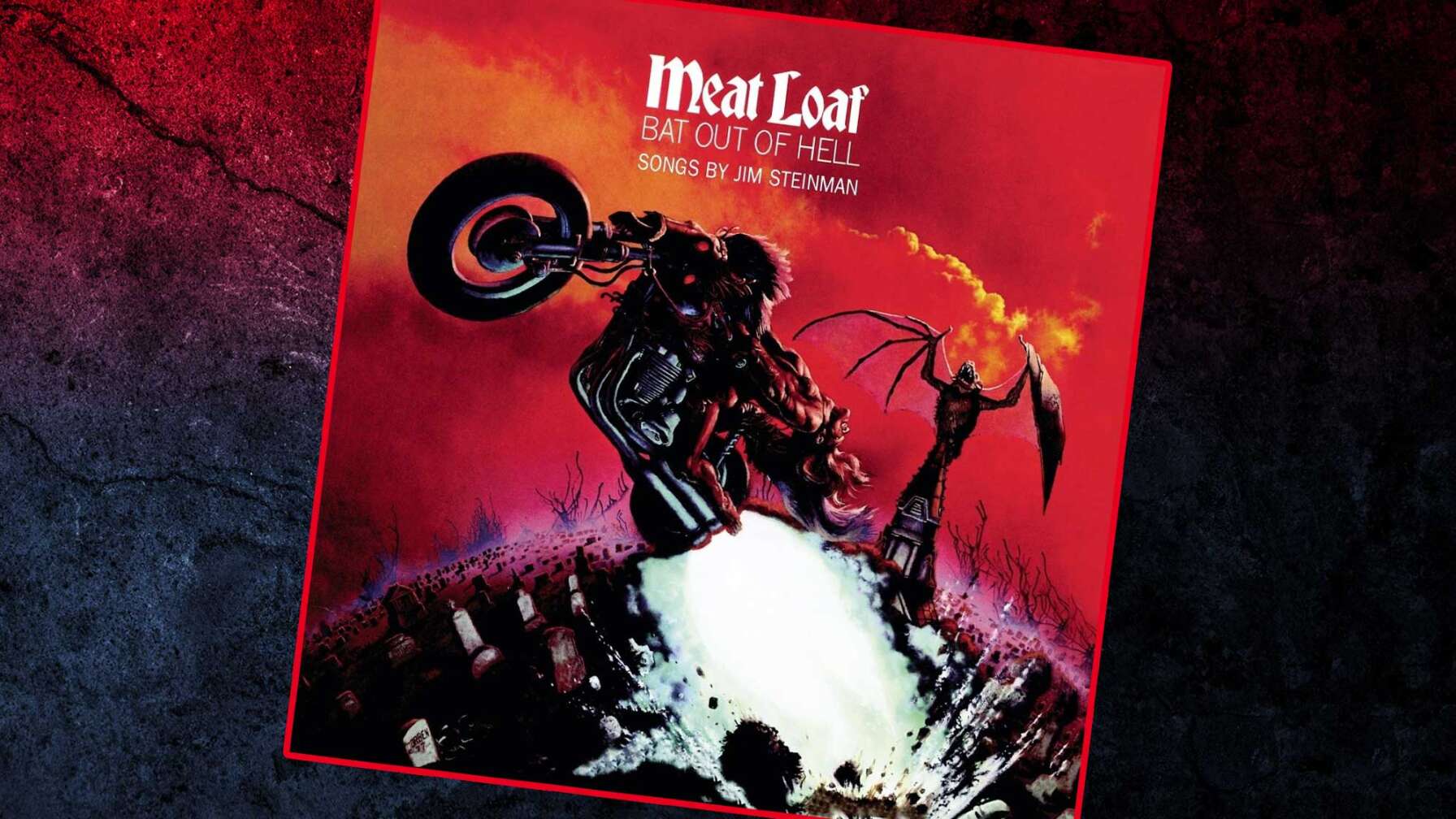 Das Coveralbum von Meat Loafs "Bat Out Of Hell" mit einem Motorrdfahrer, der aus der Hölle Springt in einer kargen Landschaft