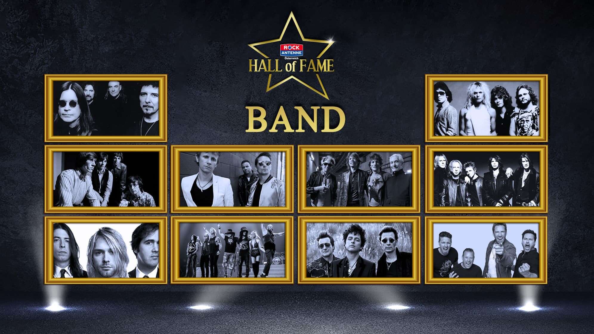 Die Nominierten der ROCK ANTENNE Österreich Hall of Fame Class of 2023 in der Kategorie Band: Black Sabbath, Pink Floyd, Nirvana, Muse, Guns N Roses, The Rolling Stones, Green Day, Van Halen, Aerosmith, Nickelback