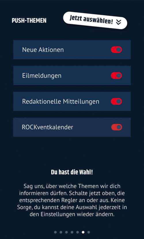 Screenshot der ROCK ANTENNE Österreich App, Bereich Pushnachrichten mit verschiedenen Einstellungen