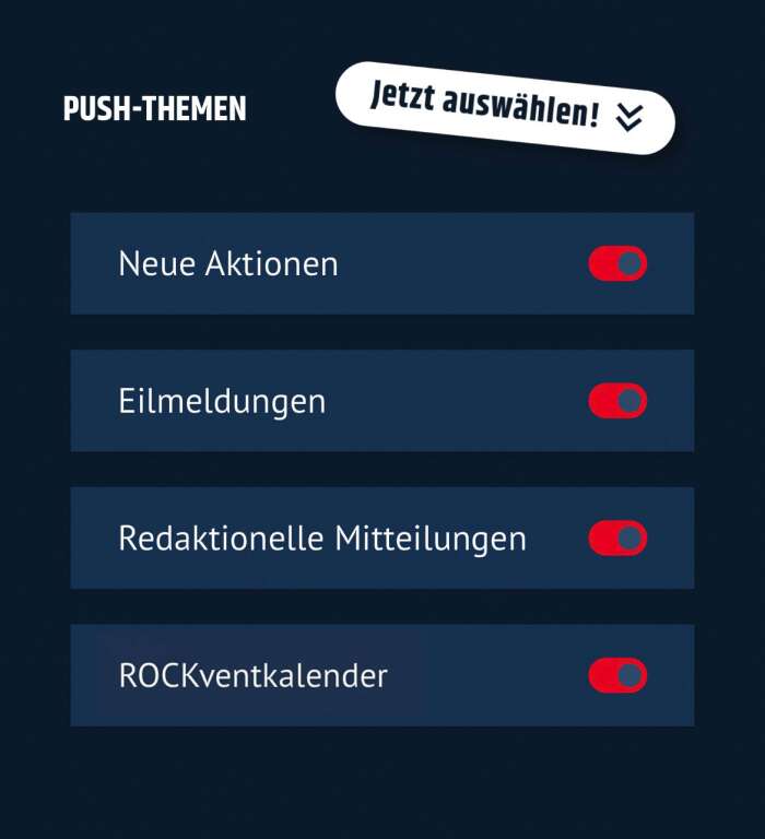 Screenshot der Push-Einstellungen in der ROCK ANTENNE Österreich App mit den verschiedenen Einstellungen für Neue Aktionen, Eilmeldungen, Redaktionelle Mitteilungen und ROCKventkalender