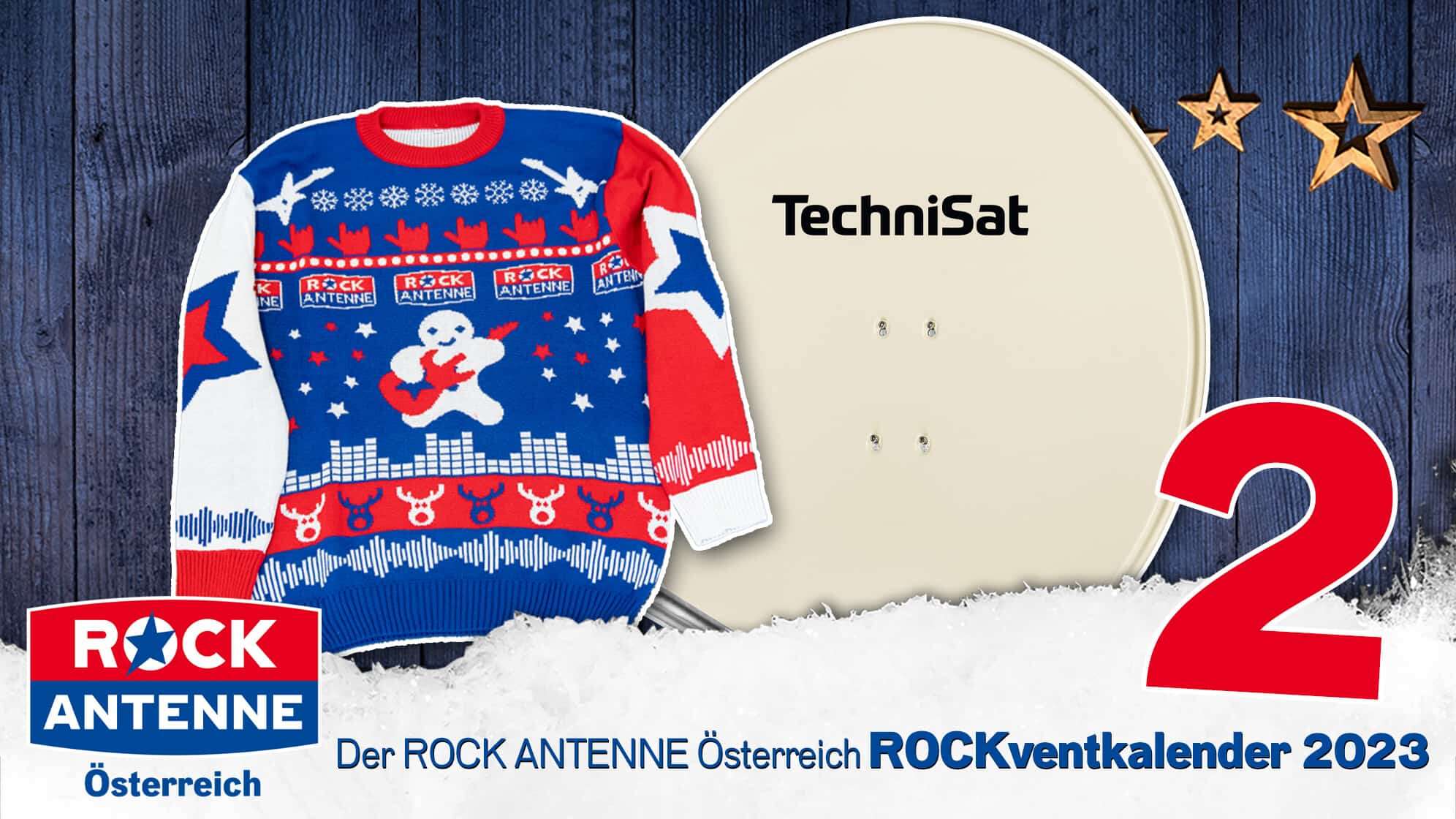 ROCK ANTENNE Österreich ROCKventskalender Türchen 2: Eine Satellitenschüssel und ein ROCK ANTENNE Österreich Ugly Xmas Sweater