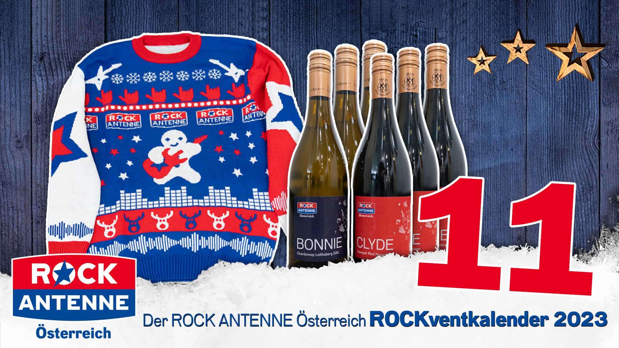 ROCK ANTENNE Österreich Rockventkalender Türchen 11: Eine Kiste ROCK ANTENNE Österreich Rot- und Weißwein und dazu ein Ugly Xmas Sweater