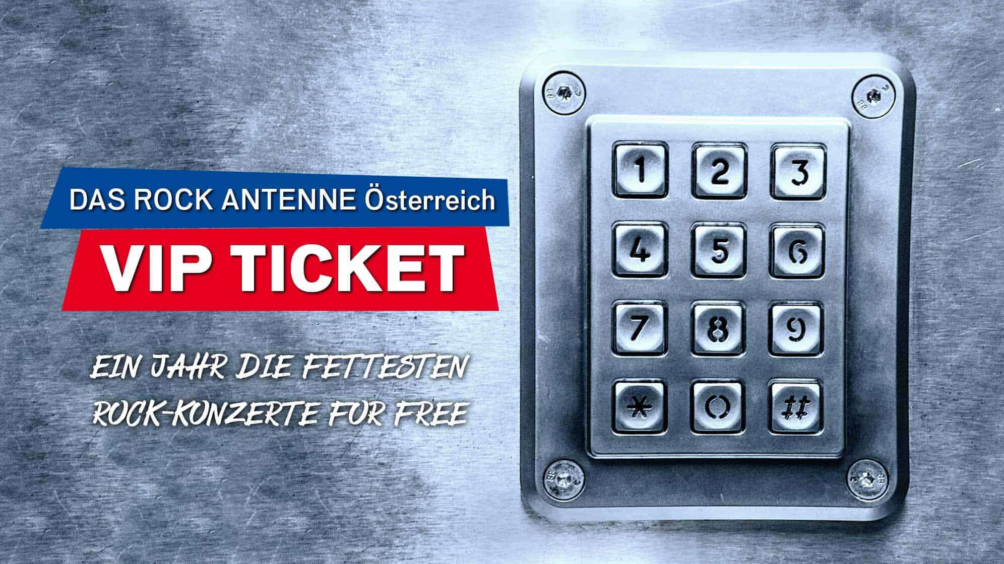 Bild eines Zahlenschlosses auf einer Tresortür, Text: Das ROCK ANTENNE Österreich VIP Ticket: Ein Jahr die fettesten Rock-Konzerte for free