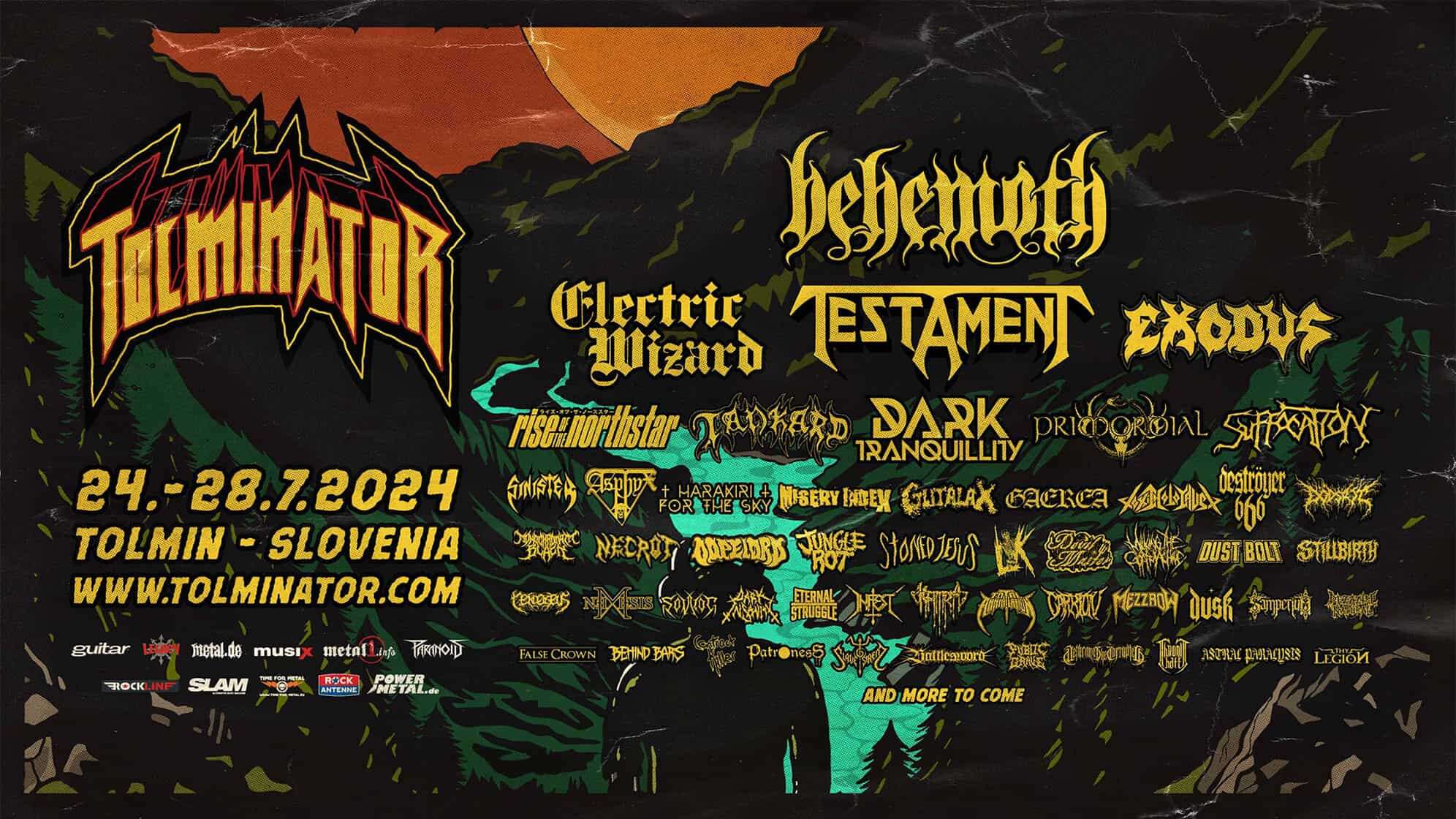 Festival Plakat des TOLMINATOR Festivals 2024 in Tolmin, Slowenien, mit Bands wie Behemoth, Testament, Electric Wizard, Exodus und vielen mehr