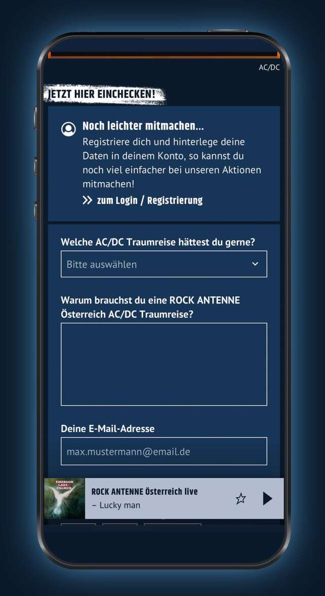 Screenshot der ROCK ANTENNE Österreich App mit der Aktion AC/DC Traumreise und dem Teilnahmeformular