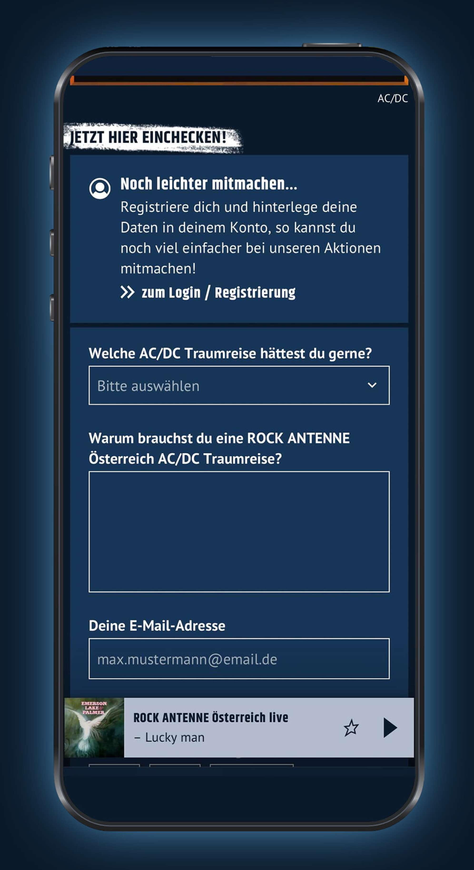 Screenshot der ROCK ANTENNE Österreich App mit der Aktion AC/DC Traumreise und dem Teilnahmeformular