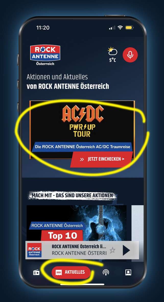 Screenshot der ROCK ANTENNE Österreich App mit der Aktionsgrafik zur AC/DC Traumreise mit dem Button "Einchecken"