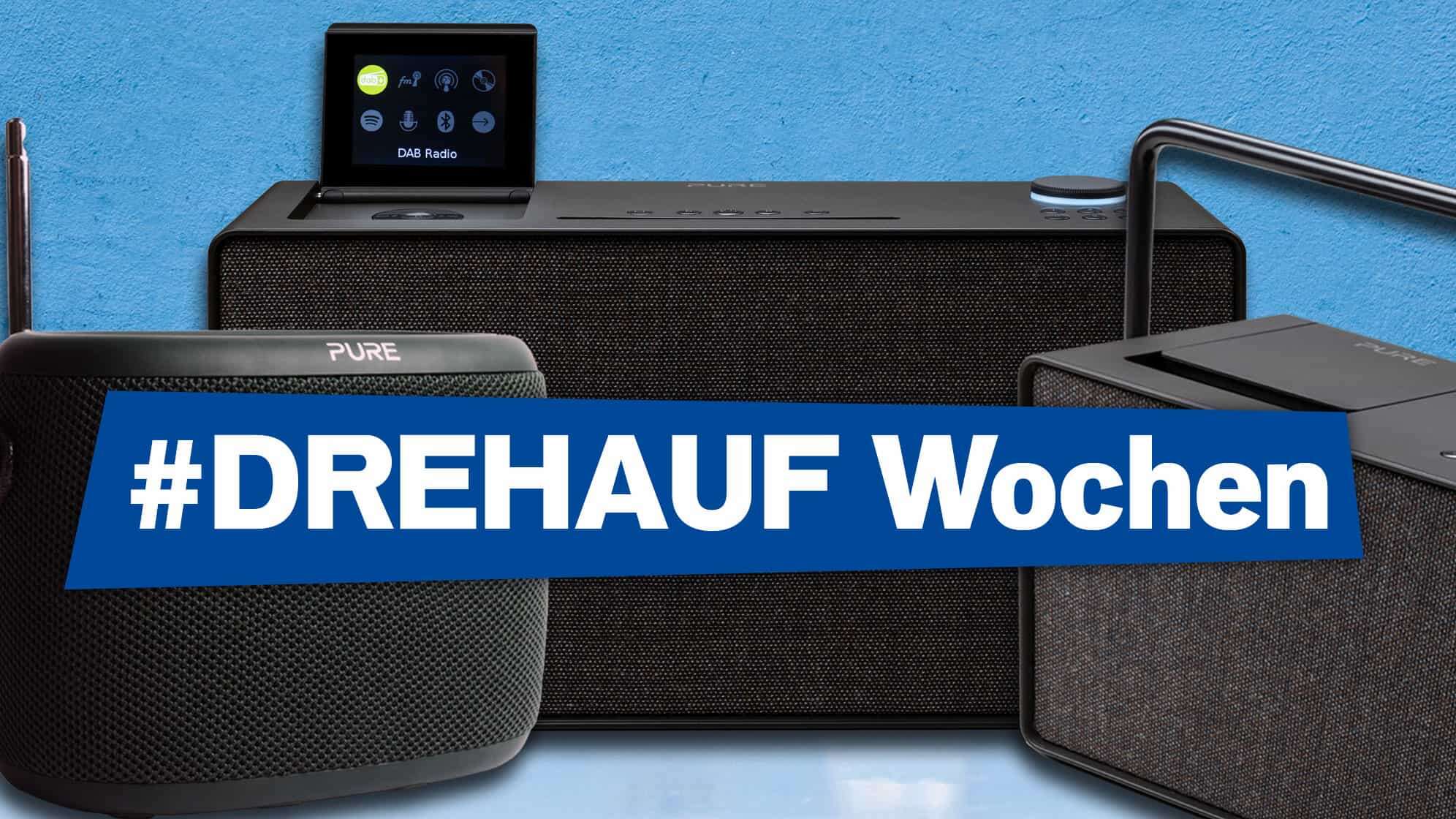 Bild von drei hochwertigen Audio Geräten der Marke PURE, dazu der Text: DREHAUF Wochen - powered by Pure