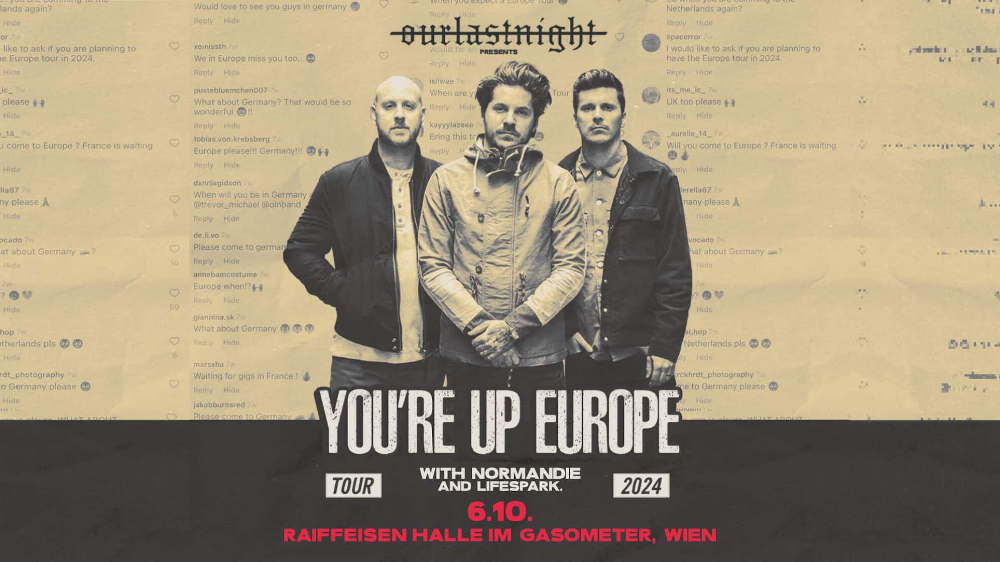 drei Bandmitglieder von Our Last Night mit Tourdatum 06. Oktober und Gasometer-Location