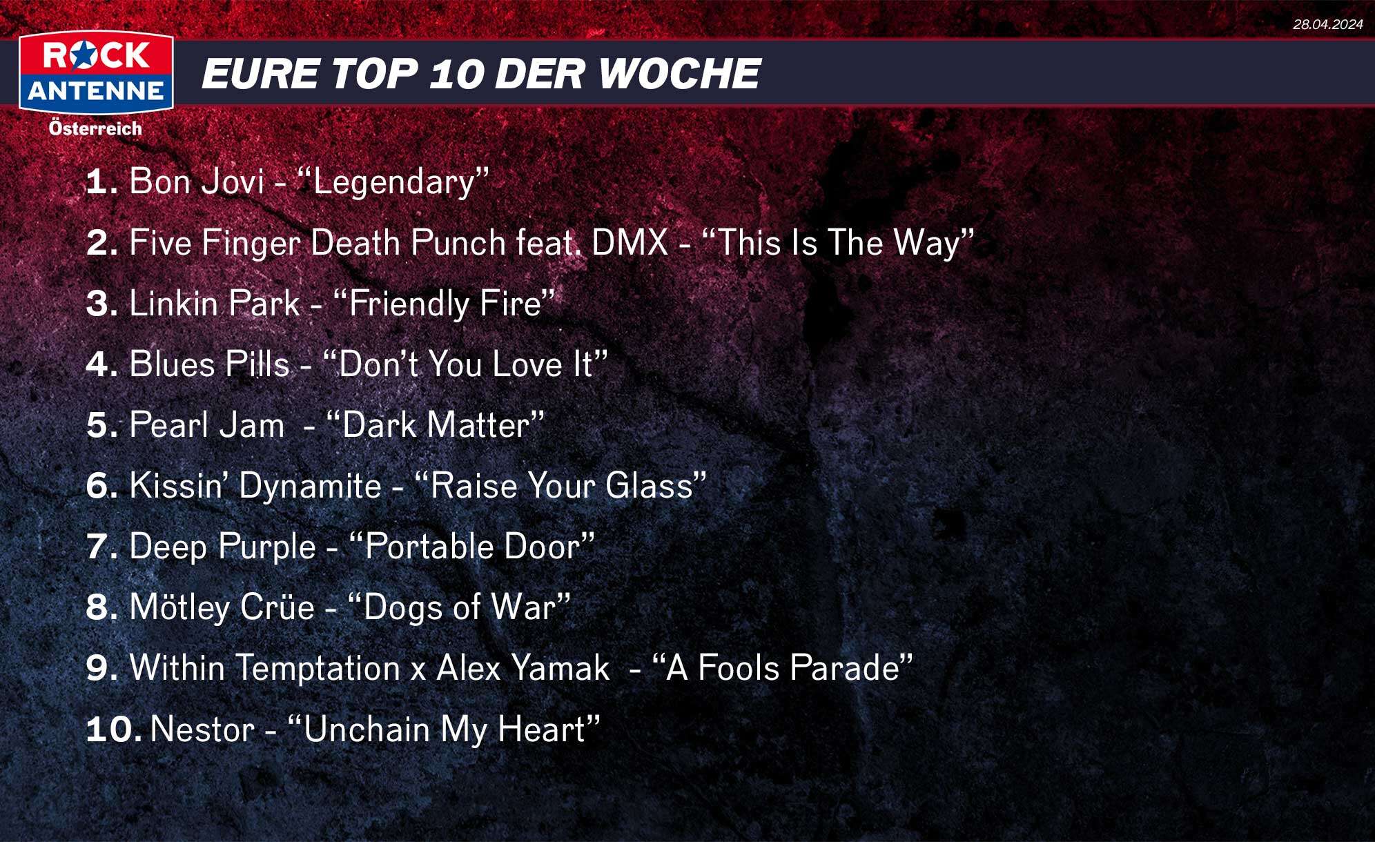 Die Top Ten der Woche vom 19.05.2024 lauten: 1. Bon Jovi - “Legendary” 2. Five Finger Death Punch feat. DMX - “This Is The Way” 3. Linkin Park - “Friendly Fire” 4. Blues Pills - “Don’t You Love It” 5. Pearl Jam  - “Dark Matter” 6. Kissin’ Dynamite - “Raise Your Glass” 7. Deep Purple - “Portable Door” 8. Mötley Crüe - “Dogs of War” 9. Within Temptation x Alex Yamak  - “A Fools Parade” 10. Nestor - “Unchain My Heart”