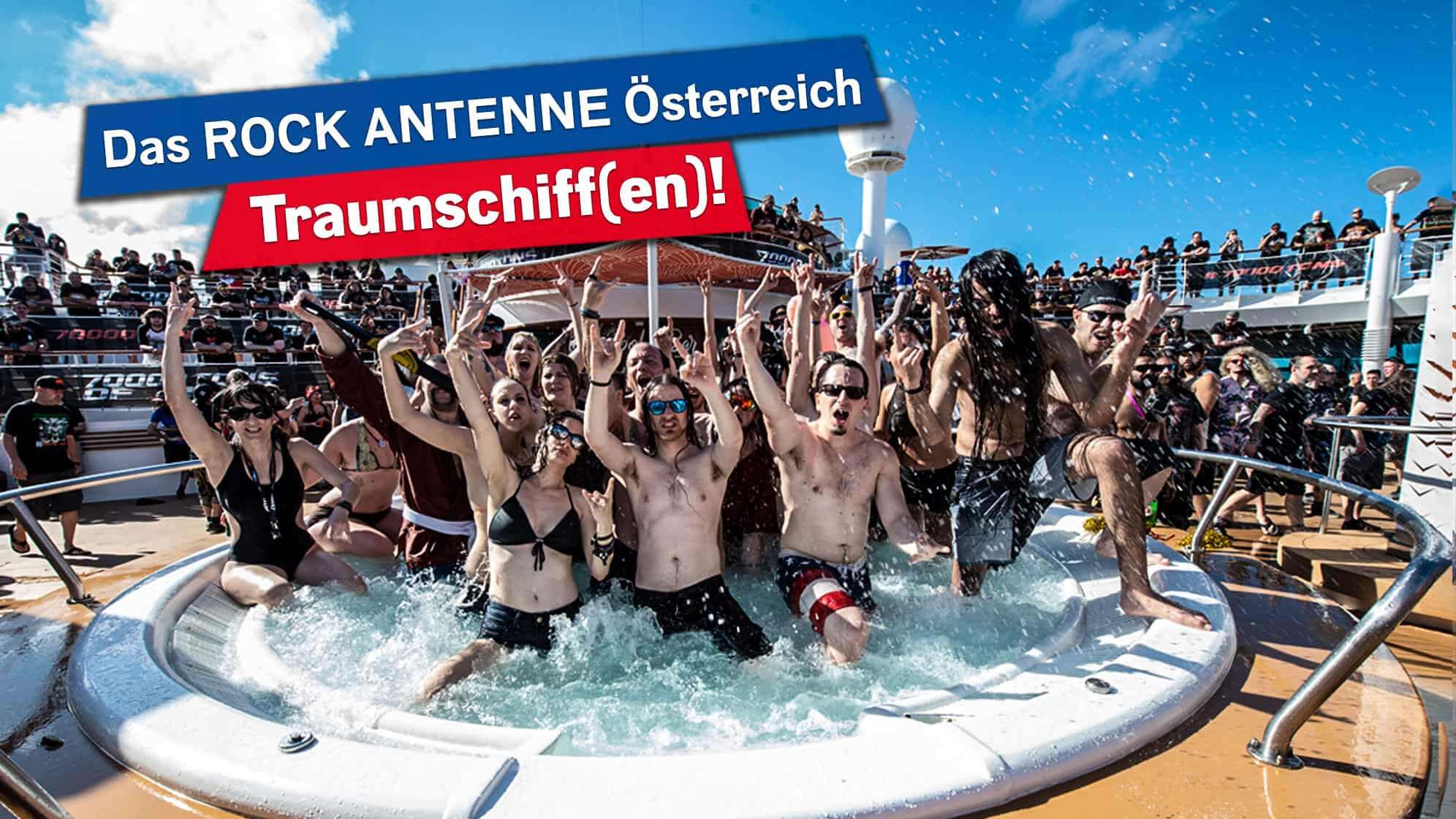 Poolparty auf der Heavy Metal Kreuzfahrt 70000 Tons of Metal- dazu der Text: Das ROCK ANTENNE Österreich Traumschiff(en)