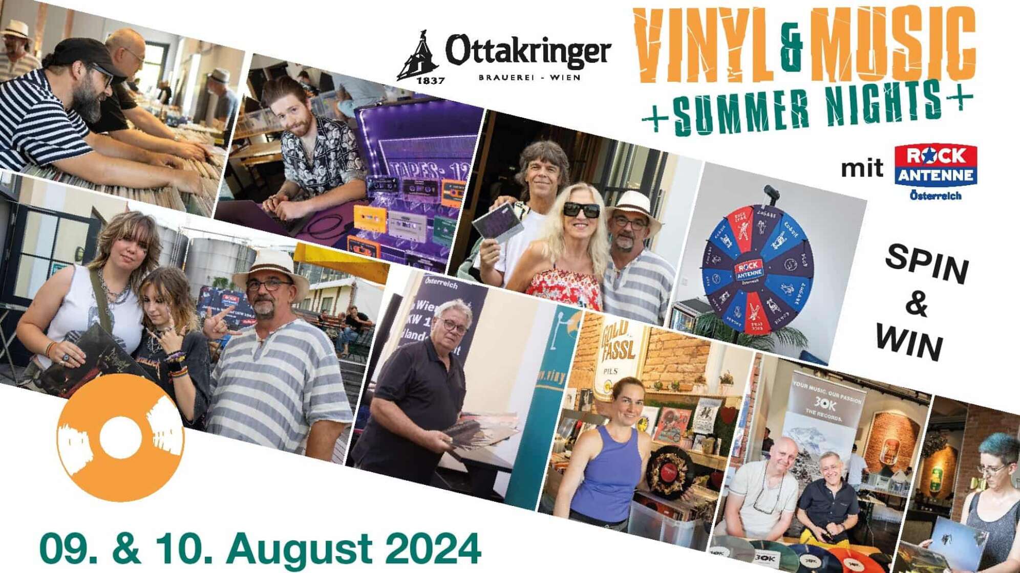 Das Logo der Vinyl & Music Summer Nights plus mehrere Fotos von Besucherinnen und Besuchern