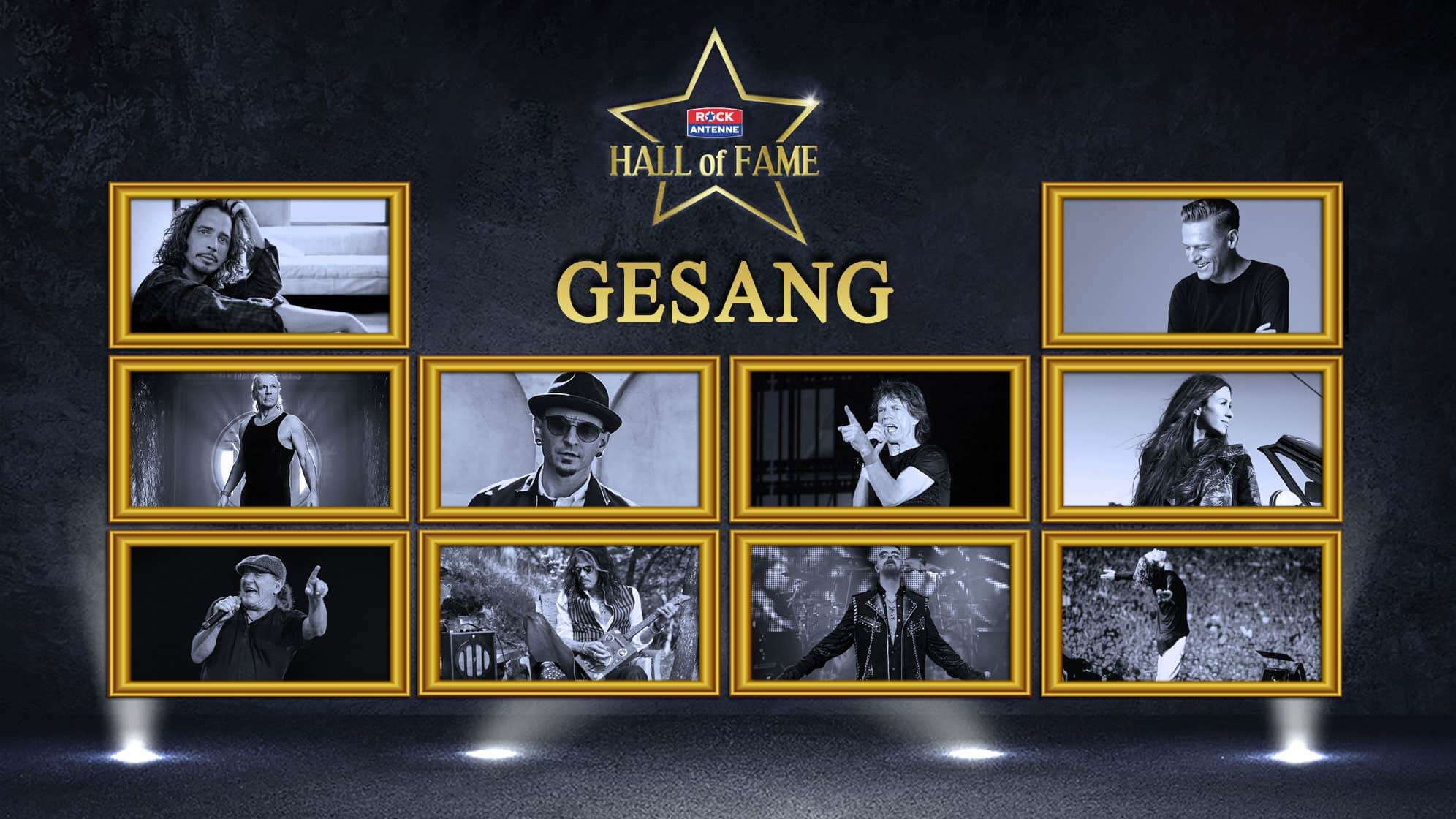 Die Nominierten für die ROCK ANTENNE Hall of Fame 2024 in der Kategorie Gesang: Chris Cornell, Bruce Dickinson, Brian Johnson, Chester Bennington, Steven Tyler, Mick Jagger, Rob Halford, Bryan Adams, Alanis Morissette, Michael Hutchence